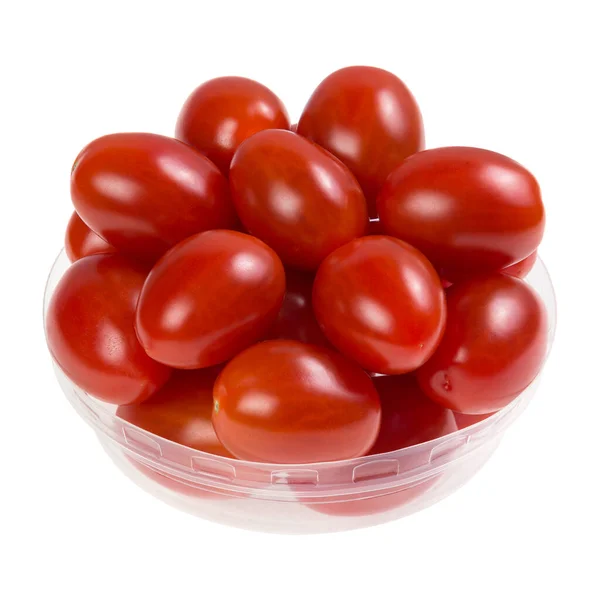 Pomodori Ciliegia Coperchio Plastica Isolato Sfondo Bianco — Foto Stock