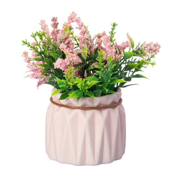 白い背景に孤立したピンク色のポットに装飾的なプラスチックの花 — ストック写真