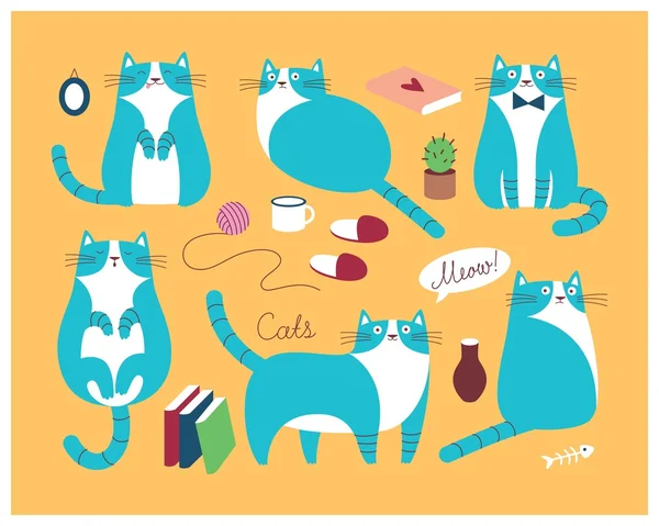 푸른 귀여운 고양이 세트 — 스톡 벡터