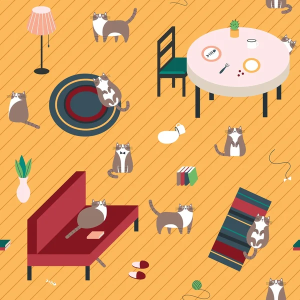 Bezešvé vzor s roztomilé kočky na podlaze Vektorová Grafika