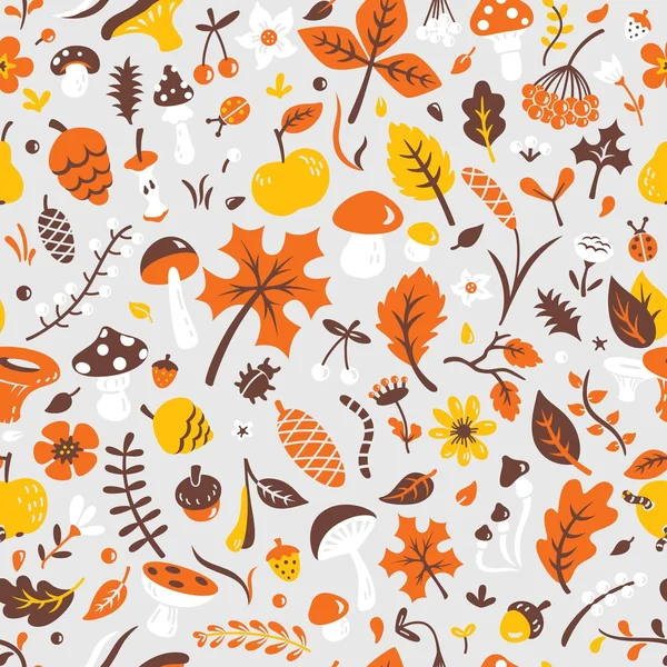 Patrón de otoño sin costuras con setas, hojas, conos de pino, bayas, insectos, flores, manzana, pera, bellota, rama Vector de stock