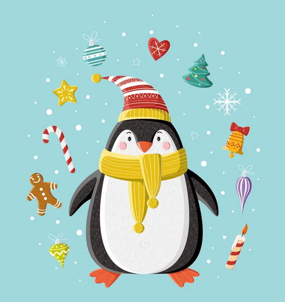 Lindo pingüino en gorra de punto rayada — Archivo Imágenes Vectoriales