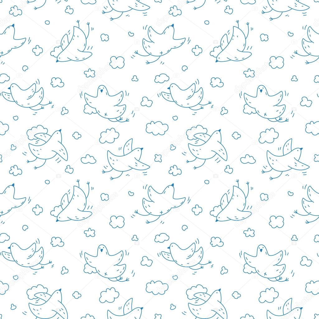 Birds soaring in the clouds. Cute pattern