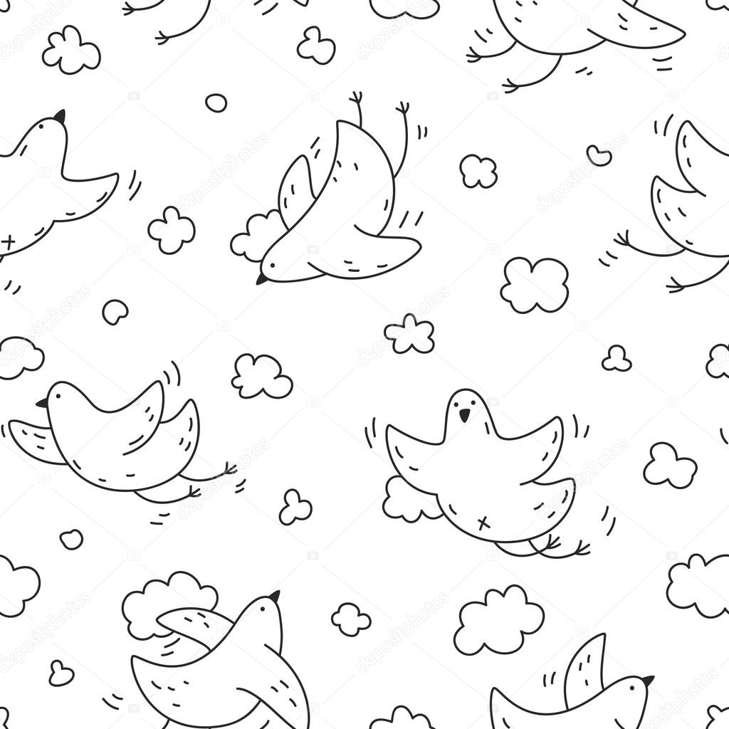 Seamless pattern with cute birds soaring in the clouds for coloring