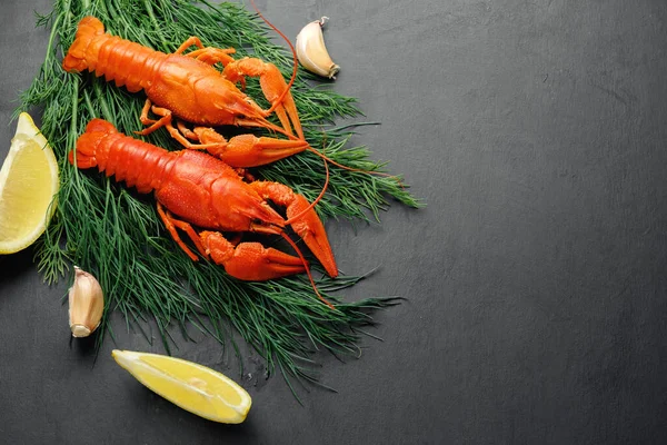Lobsters Green Dill Garlic Lemon Lime Black Background Top View — Stock Photo, Image