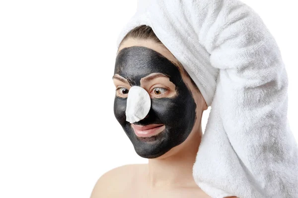 Close Portrait Funny Beautiful Woman Facial Black Mask White Background — Stock Photo, Image