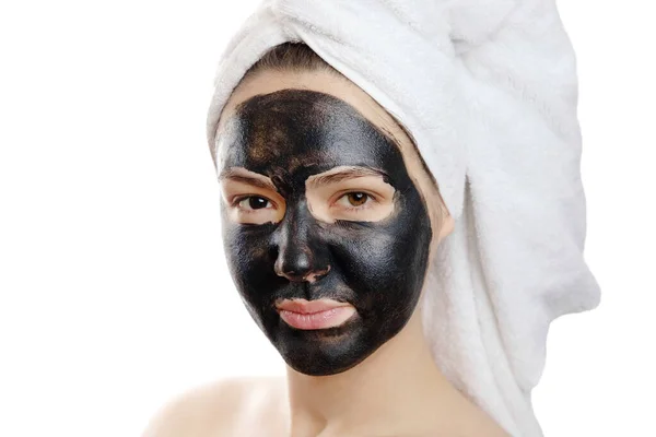 Közelkép Portré Gyönyörű Arckép Fekete Maszk Fehér Háttér Lány Egy — Stock Fotó