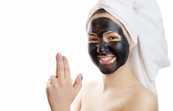 Beautiful Sexy Girl Black Face Mask White Background Close Portrait — Stock Photo, Image