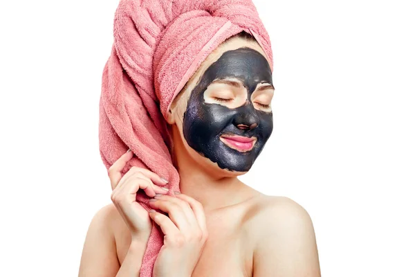 Vacker Ganska Sexig Tjej Med Svart Ansiktsmask Vit Bakgrund Närbild — Stockfoto