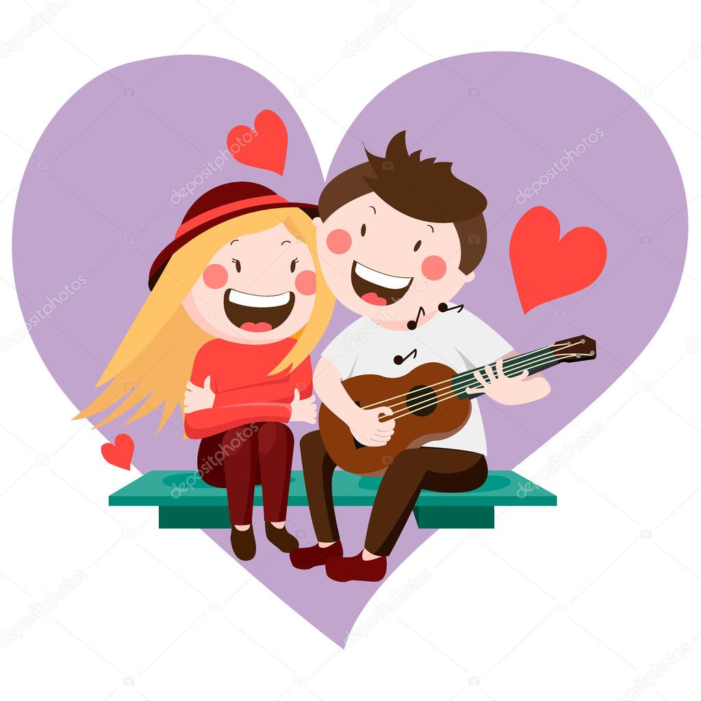 Man Sings To A Girl Playing Guitar Lovers On The Bench Love