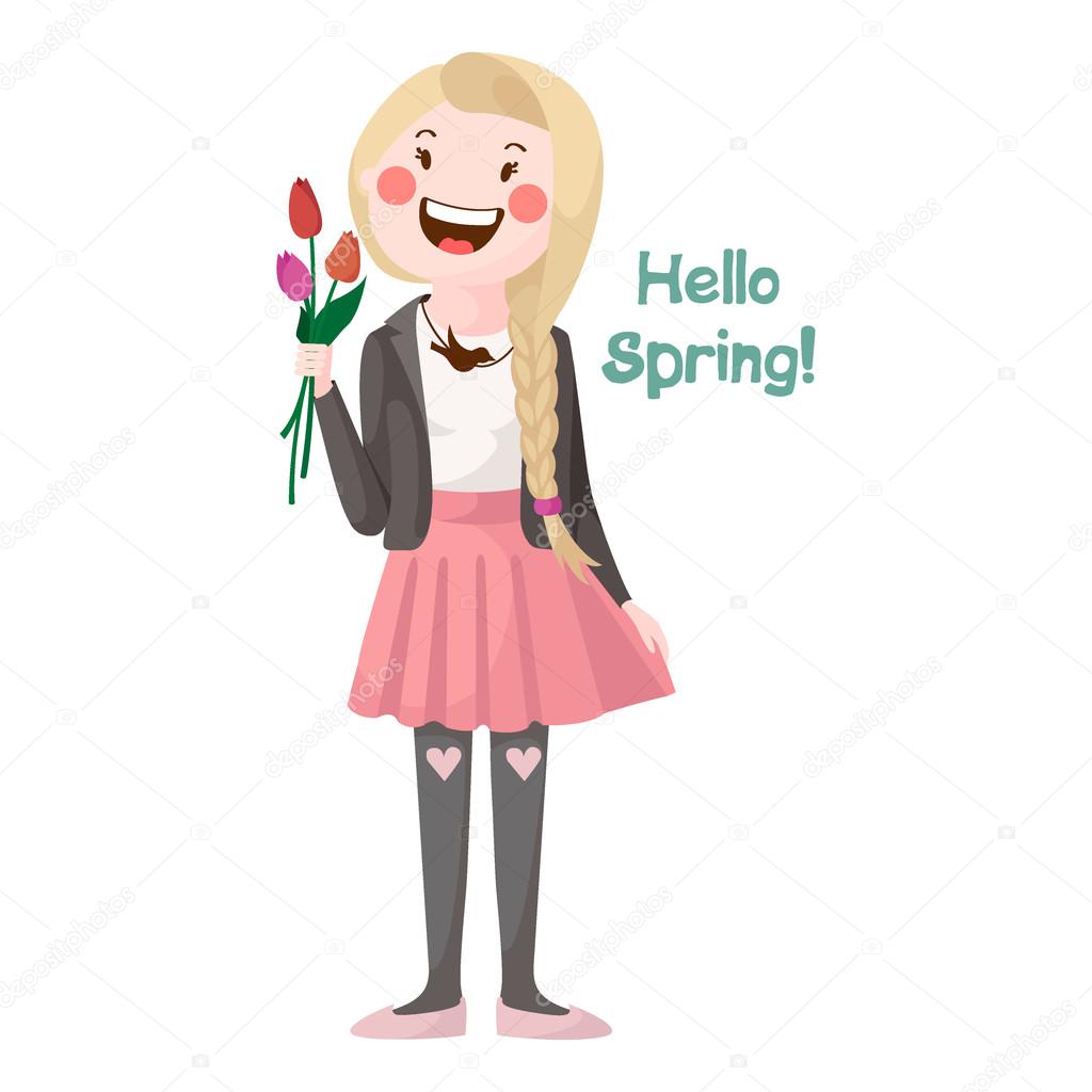 Witam Dziewczyna Moda Wiosna Z Kwiatami Jasny Obraz Wiosny