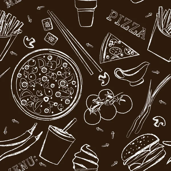 fast food, pizza, menu , drawing with chalk on a blackboard, pattern , vector