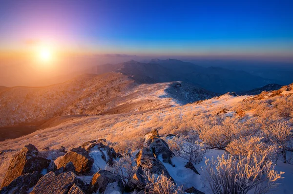 Salida del sol en las montañas Deogyusan cubiertas de nieve en invierno, Corea del Sur . — Foto de Stock