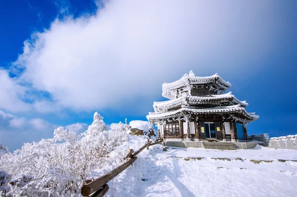 木制的房子在冬天被雪覆盖着 — 图库照片