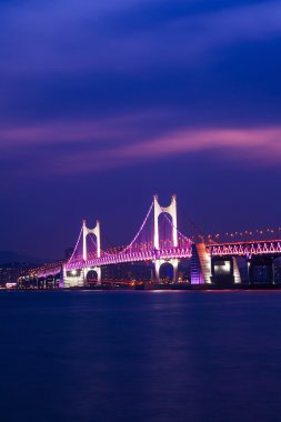 Gwangan köprü ve Haeundae gece Busan, Kore.