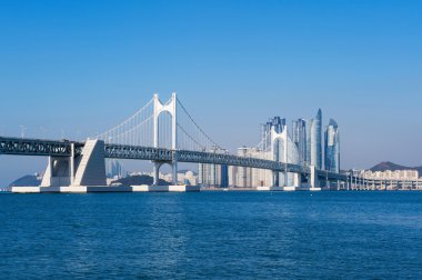 Gwangan köprü ve Haeundae Busan, Kore.
