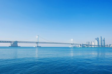 Gwangan köprü ve Haeundae Busan, Kore.