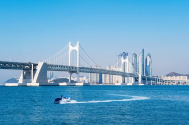 Gwangan köprü ve Haeundae Busan, Kore.
