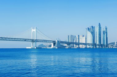 Gwangan köprü ve Haeundae Busan, Kore.