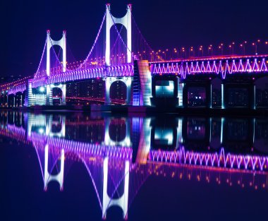 Gwangan köprü ve Haeundae gece Busan, Kore.