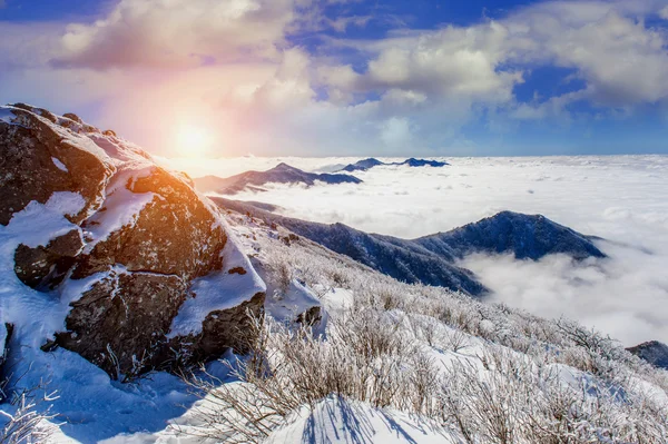 Seoraksan Berge ist im Winter mit Morgennebel und Sonnenlicht bedeckt, Korea. — Stockfoto