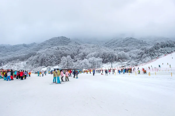 DEOGYUSAN, COREA - 23 DE ENERO: Esquiadores y turistas en la estación de esquí de Deogyusan en las montañas de Deogyusan, Corea del Sur . — Foto de Stock