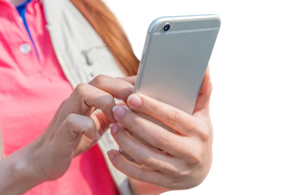 Hand hält Smartphone isoliert auf weißem Hintergrund. — Stockfoto