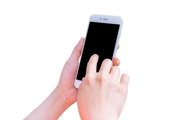 Hand houden smartphone geïsoleerd op witte achtergrond. — Stockfoto