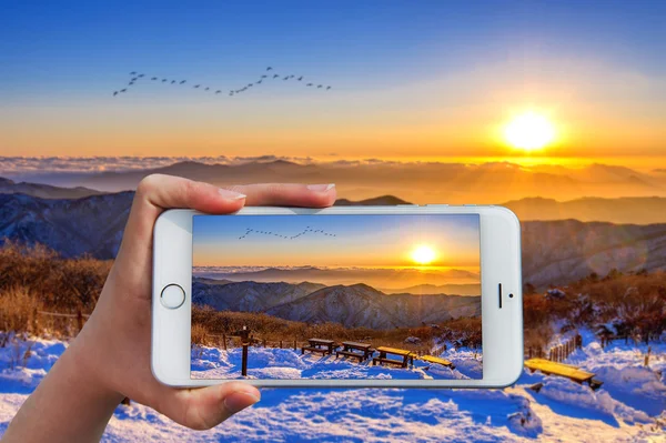 Smartphone in der Hand bei Sonnenaufgang auf Deogyusan fotografieren. — Stockfoto