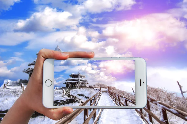 Mano sosteniendo el teléfono inteligente tomar una foto en las montañas Deogyusan en invierno . —  Fotos de Stock