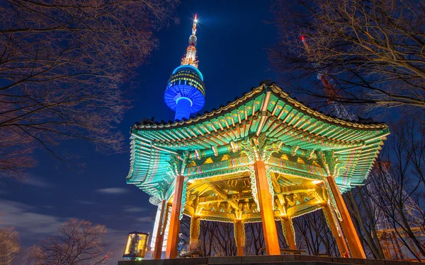 Geceleri Seul kulesi. Namsan dağ içinde korea.