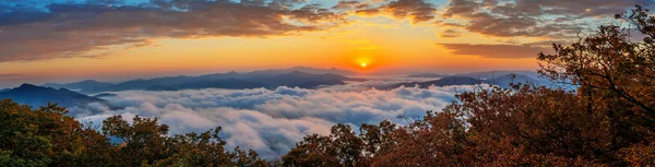 Les montagnes Seoraksan sont couvertes par le brouillard matinal et le lever du soleil à Séoul, en Corée . — Photo