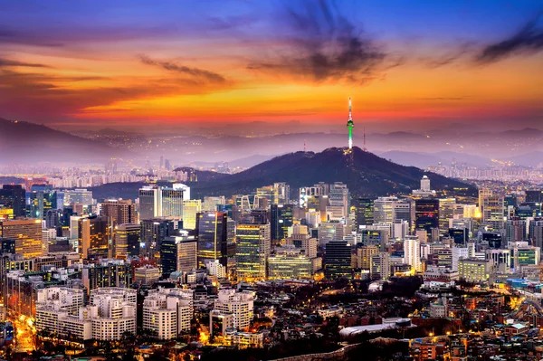 View of downtown cityscape and Seoul tower in Seoul, South Korea.