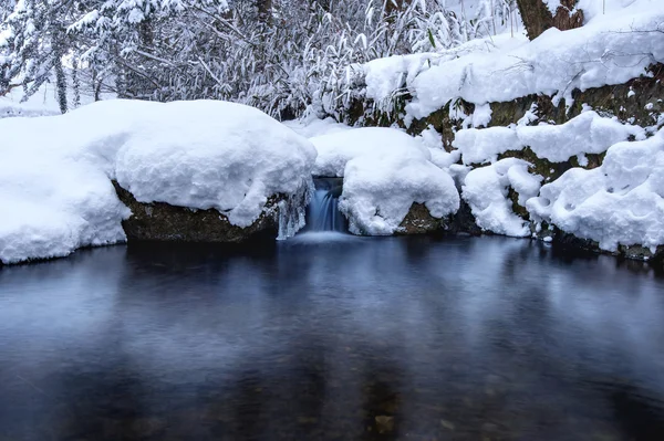冬季景观、 瀑布和河流上冬季森林. — 图库照片
