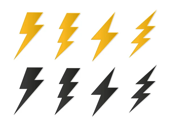 Set Bliksemschicht Pictogrammen Thunderbolt Platte Stijl Gele Flash Donder Symbolen — Stockvector