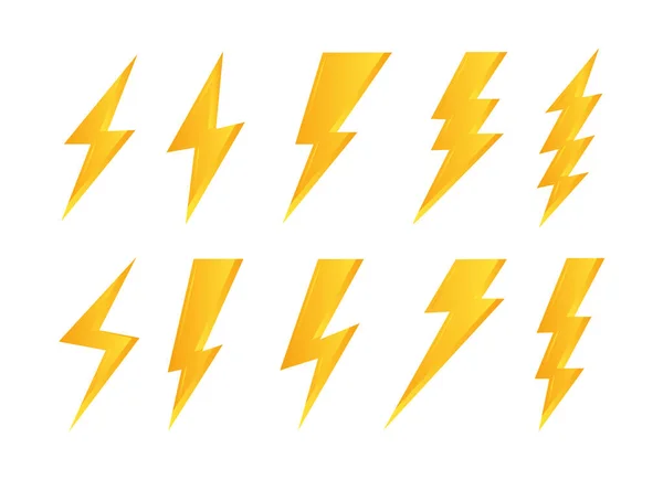 Set Bliksemschicht Pictogrammen Thunderbolt Platte Stijl Gele Flash Donder Symbolen — Stockvector