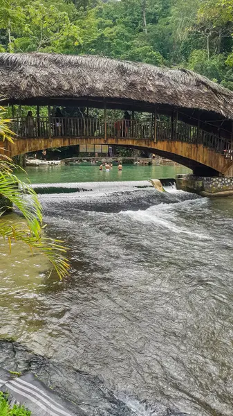 Rivière Passant Sous Pont Rustique Dans Jungle — Photo