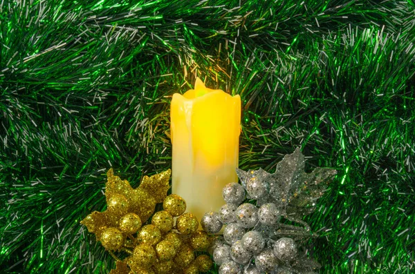 Green Christmas Background Light Candle — Stock Photo, Image