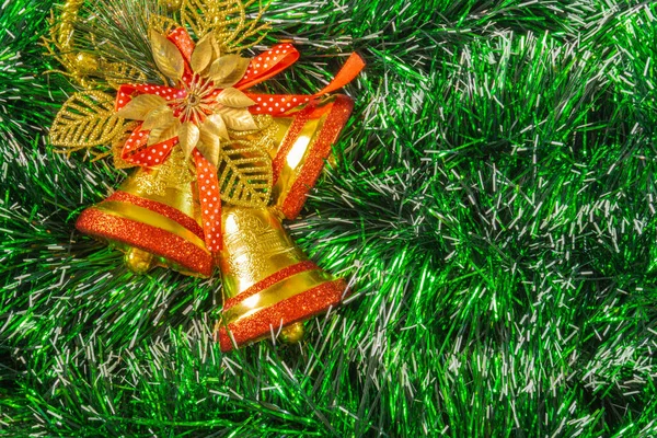 Green Christmas Background Golden Red Bells — Stock Photo, Image