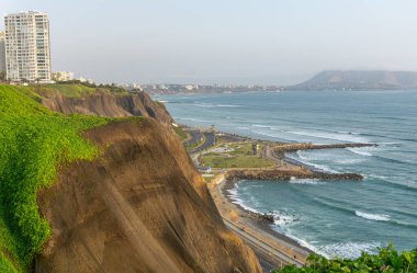 Miraflores Bölgesi Peru 'dan okyanus manzarası, bir uçurum, ağaç ve yeşil otlar.