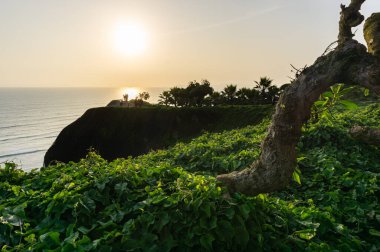 Lima Peru sahilinde gün batımı manzarası, çimenli ve ağaçlı bir parktan manzara