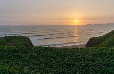 Lima Peru sahilinde günbatımı manzarası, yeşil çimenler.
