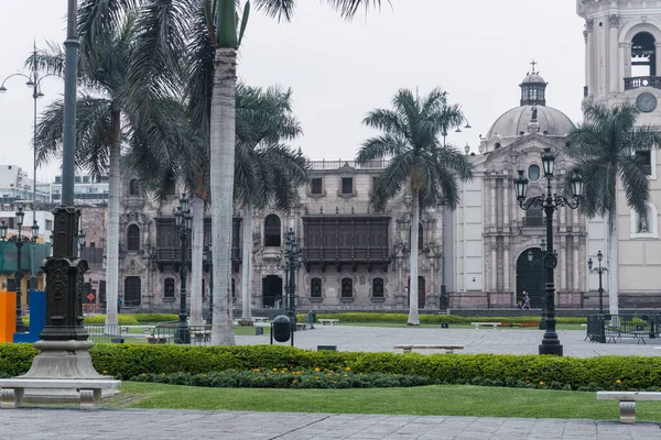 Praça Principal Lima Vazia Durante Tempos Pandêmicos Vista Catedral Lima — Fotografia de Stock