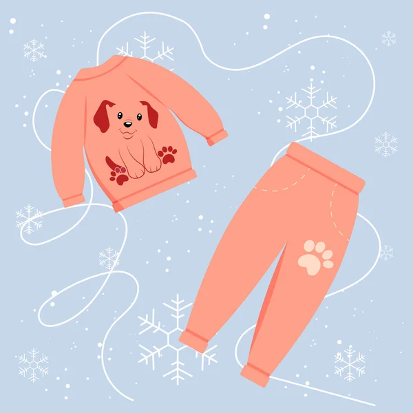 Kinderwinteranzug Mit Dem Aufdruck Hund Sweatshirt Und Hose Vektorillustration — Stockvektor