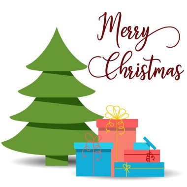 Mutlu noeller. Noel ağacı ve beyaz arka planda hediyeler. Tebrik ederim. Vektör illüstrasyonu.