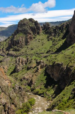 Dağlı manzara, önünde orman. Güzel manzara.
