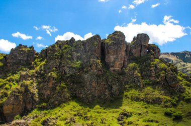 Dağlı manzara, önünde orman. Güzel manzara.