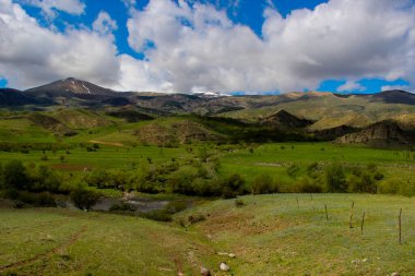 Dağlı manzara, önünde orman. Güzel manzara.