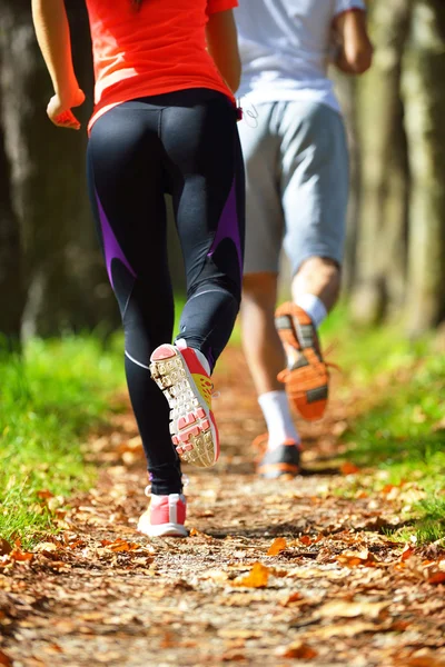 Jeune couple jogging dans le parc — Photo