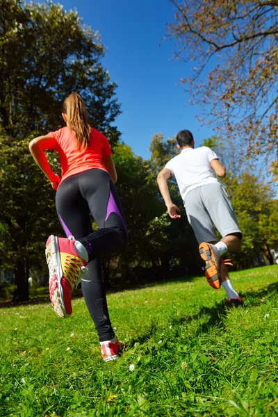 公園でジョギングをしている若いカップル — ストック写真